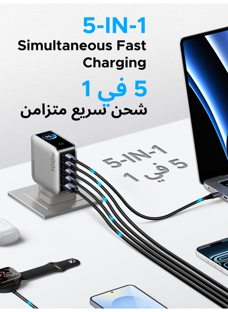 يو جرين شاحن USB من نوع C بقدرة ‎100 واط مع شاشة تفاعلية، شاحن حائط سريع بخمسة منافذ (4 منافذ USB-C ومنفذ USB-A واحد) مع التحكم باللمس والرموز التعبيرية، محطة شحن متوافقة مع ماك بوك، آيفون 17 برو ماكس، وسامسونج جالاكسي S26 ألترا 100 واط 4C1A مع شاشة - Image 4